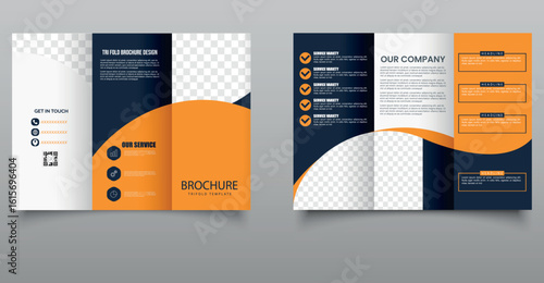 Professional trifold brochure template with clean layout, curved design elements, and placeholders for images. Suitable for corporate, business, marketing, or service promotion.