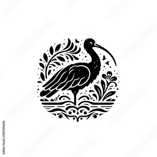 Stylized Black Silhouette of an Ibis Bird with Decorative Foliage.