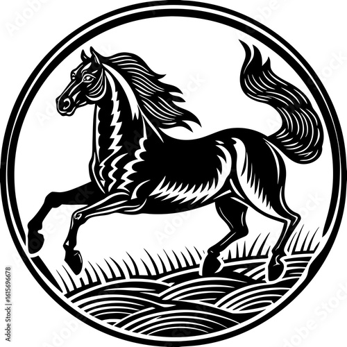 Stylized black horse galloping in a circle isolated on white background