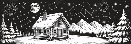Winter Night Landscape Vector Sketch Showing Snow-Covered Wooden House in Mountain Forest Beneath Moon and Starry Sky, Detailed Black and White Christmas Scene Illustration

