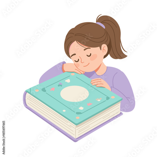 Young girl resting her head on a large book while smiling  