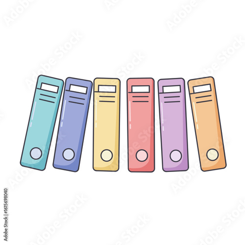 Colorful student folders lined up in pastel shades on white background  