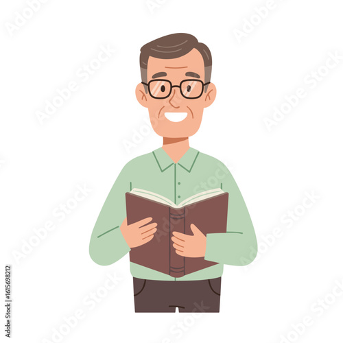 Teacher with open book smiling while standing in casual outfit  