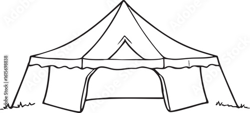 Simple Camping Tent Outline Drawing With White Background And Minimal Grass Details