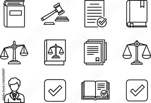 Collection of legal and justice icons representing law and order