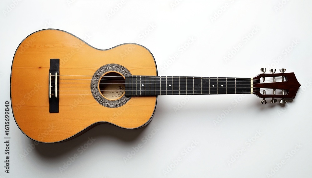 Obraz premium A classical guitar with a natural finish and black fretboard, displayed on a white background.
