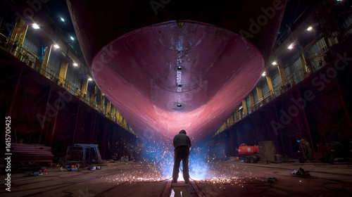 Ship Repair with Welder Inside Dry Dock with Sparks