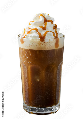 Photo Of Caramel Coffee Drink With Whipped Cream Isolated On Black