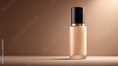 A sleek foundation bottle stands alone on a smooth surface illuminated by gentle light. The warm neutral background accentuates its modern design and luxurious features