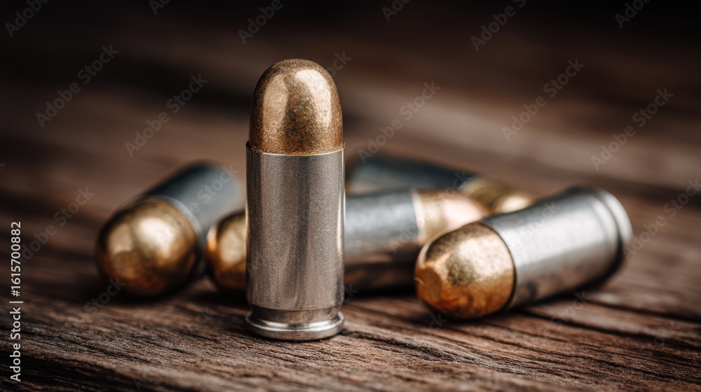 Obraz premium Metal bullets with brass tips are arranged on a rustic wooden surface. The close-up showcases the textures and details of the bullets, emphasizing their design and materials