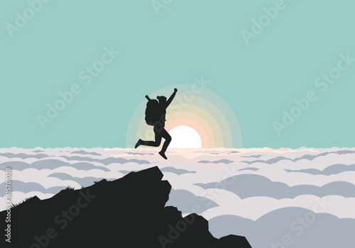 Person Jumping on a Mountain Peak, Above the Clouds at Sunrise, Nature Illustration, Inspirational Environment, Bold Viewpoint, Freedom Concept