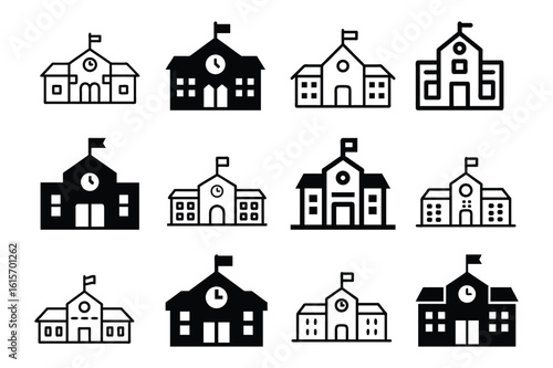 Collection of school building icons featuring diverse architectural styles and educational facilities