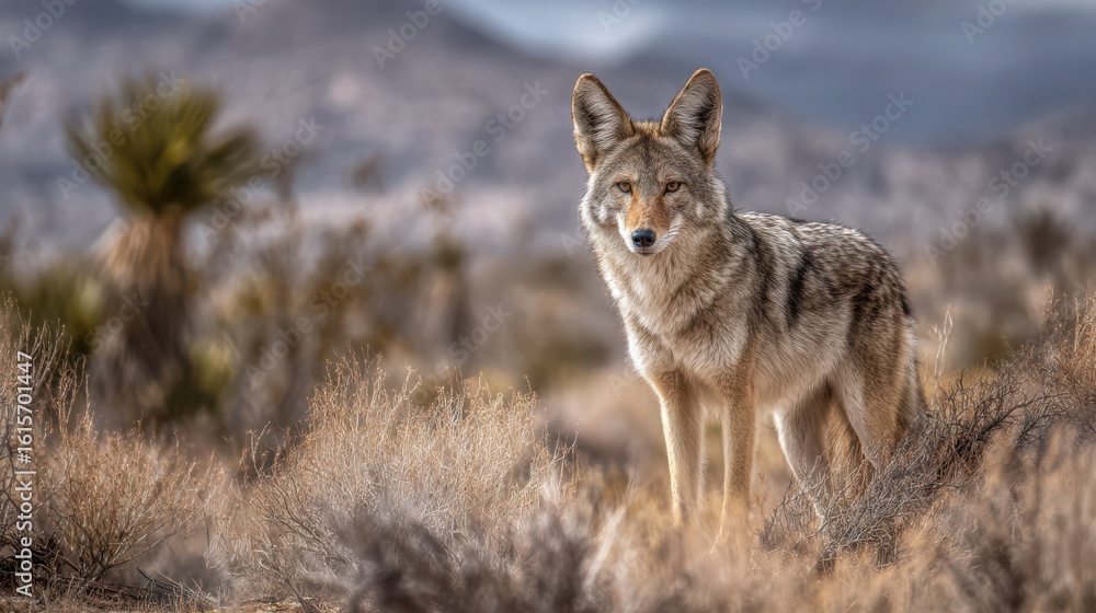 Obraz premium A coyote stands watchfully amidst the desert vegetation, its fur shimmering in the soft glow of late afternoon light. The arid landscape stretches into the distance under a dramatic sky