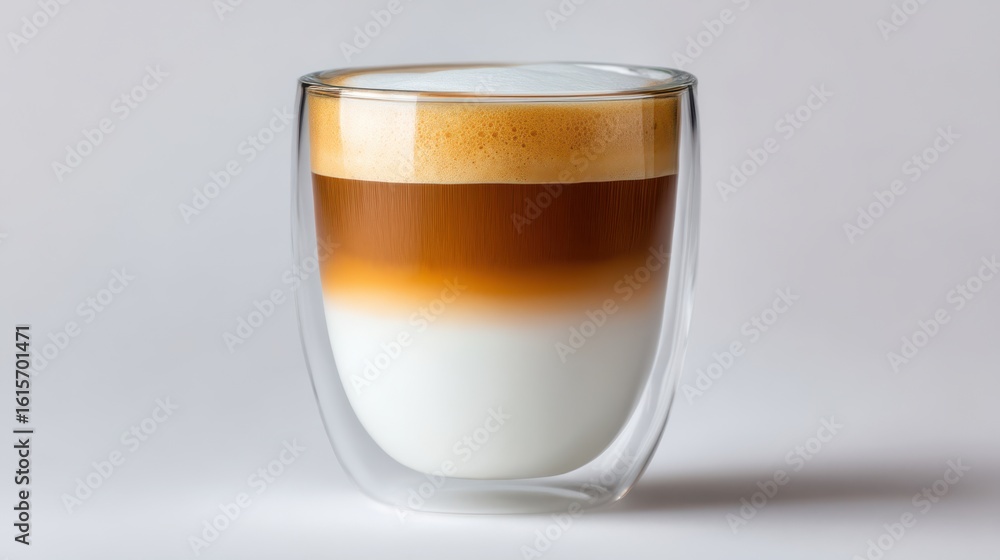 A beautifully crafted coffee beverage displays distinct layers of rich espresso, creamy milk, and thick foam. The transparent glass enhances the visual appeal of this luxurious treat A beautifully crafted coffee beverage displays distinct layers of rich espresso, creamy milk, and thick foam. The transparent glass enhances the visual appeal of this luxurious treat
