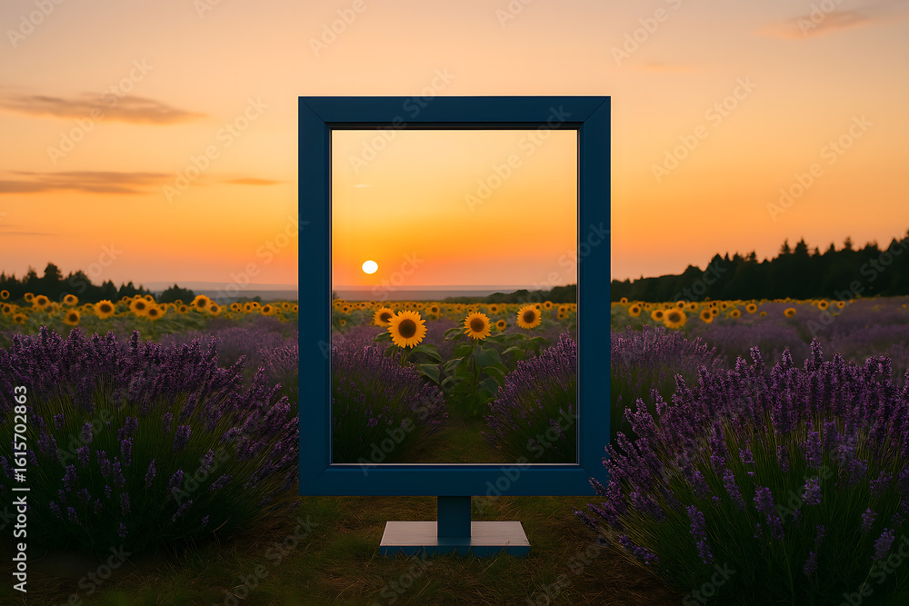 Fototapeta premium Empty Picture Frame Over Sunflower and Lavender Field at Sunset – Artistic Concept