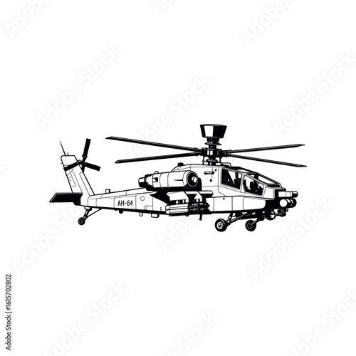 Black and white line art illustration of an A H-64 Apache attack helicopter AH-64 Apache helicopter