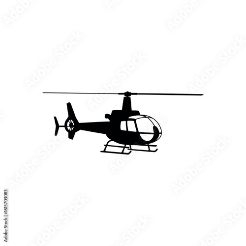 Black silhouette of a helicopter with rotor blades and landing skids white background aviation