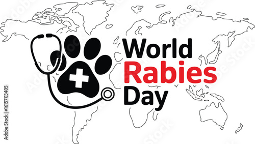World Rabies Day Vector Illustration with Global Map, Medical Paw Print, Stethoscope, and Cross Symbol for International Health Awareness and Disease Prevention Campaign
