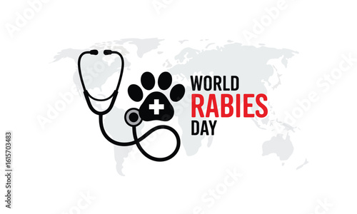 World Rabies Day Vector Illustration with Global Map, Medical Paw Print, Stethoscope, and Red Text for International Animal Health Awareness and Disease Prevention Campaign