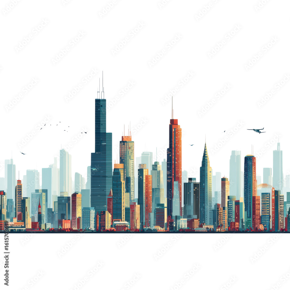 Fototapeta premium Tall buildings urban cityscape with flying birds and airplane skyscrapers architecture, Isolated On Png Transparent Background