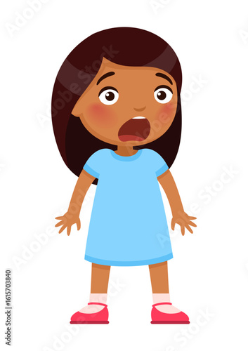 Little dark skin girl is very surprised.
Concept of emotions of shock, surprise, unexpectedness, fear. Cute cartoon character