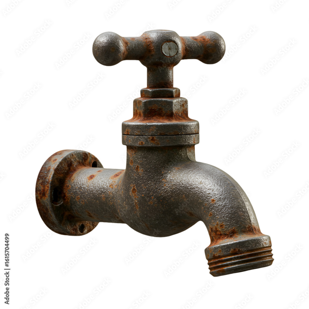 Realistic 3D Illustration of a Rusty Metal Faucet on a Transparent Background Realistic 3D Illustration of a Rusty Metal Faucet on a Transparent Background