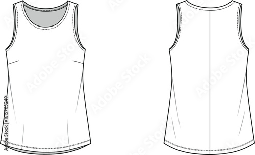 Flat sketch front and back view of white sleeveless tank top, casual summer shirt, fashion apparel template, vector clothing mockup, design illustration