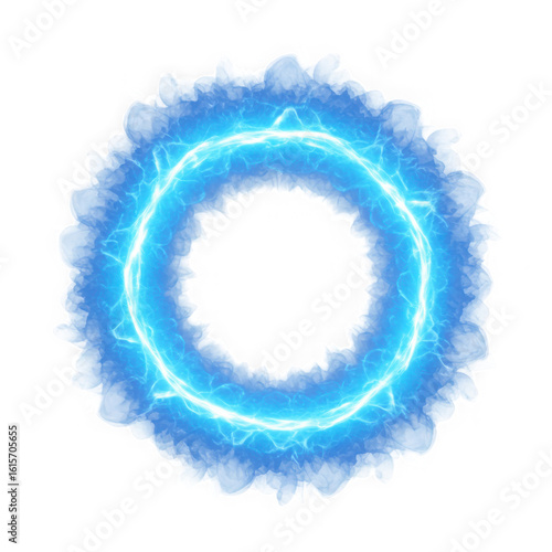 Glowing electric blue ring of energy with fiery edges isolated on transparent background