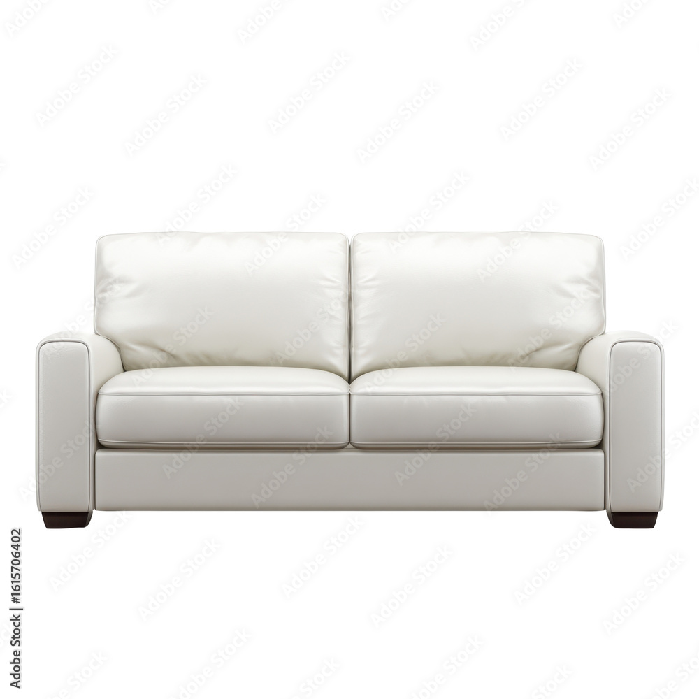 Fototapeta premium Plush white leather sofa with dark wood accents couch furniture, Isolated On Png Transparent Background