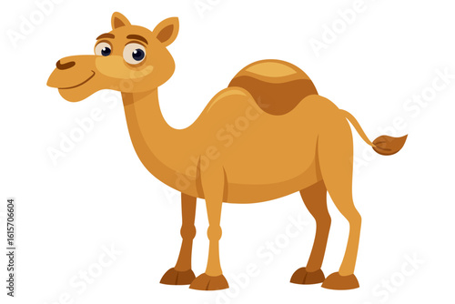 Cute cartoon camel with one hump standing on white background