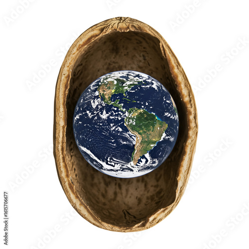 Realistic 3D Image Of Earth Planet Inside A Shell Isolated Black Background