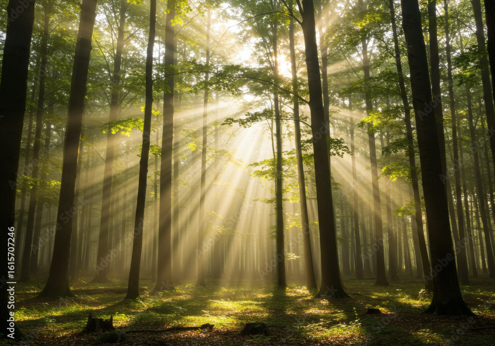 Naklejka premium Forest Sunlight Rays Trees Mist Magical Nature Morning Dawn Golden