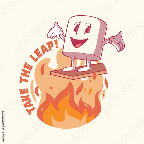 Smiling Marshmallow Jumping Toward Flame vector illustration. Food, Motivation design concept.