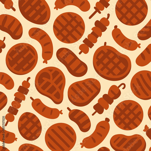 Seamless pattern of various grilled meats, sausages, and kebabs on a light background.