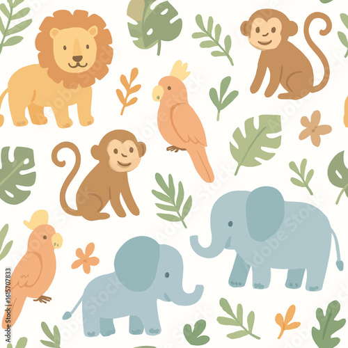 Cute seamless pattern featuring cartoon jungle animals like lions, monkeys, elephants, and parrots with tropical leaves.
