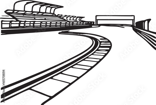 Minimalist Black And White Line Drawing Of A Racing Track And Grandstand Seating