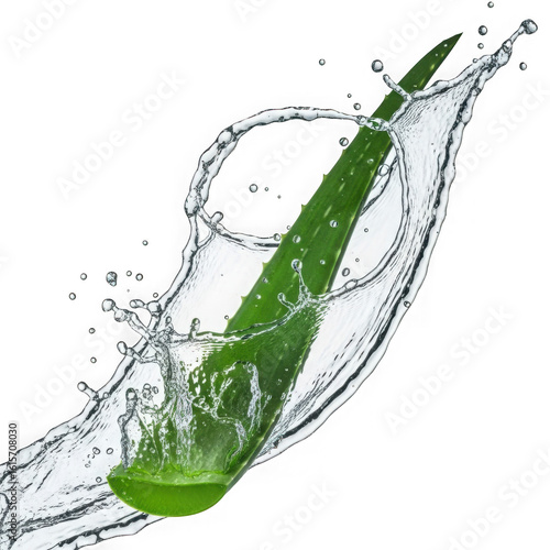 Fresh green aloe vera leaf splashing through clear water isolated on transparent background