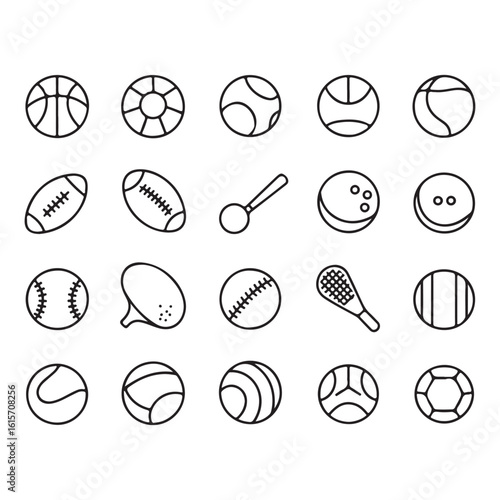 Collection of sports balls and equipment icons basketball soccer ball