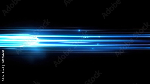 Blue light streaks on a black background with glowing horizontal lines in a high speed motion blur effect.