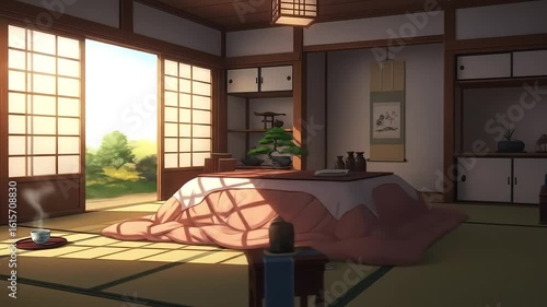 Wallpaper Mural Cozy Room with Sunlit Japanese room; kotatsu, garden view, peaceful background, game asset Torontodigital.ca