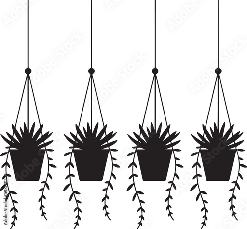 Four black silhouette hanging potted plants with trailing vines
