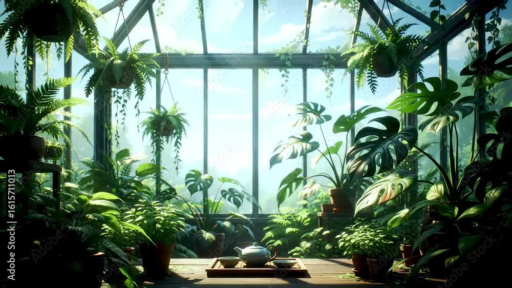 Cozy Room with Tea ceremony in sunlit greenhouse; lush plants, tranquil scene Cozy Room with Tea ceremony in sunlit greenhouse; lush plants, tranquil scene