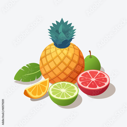 Vibrant still life of assorted tropical fruits on white background, featuring pineapple