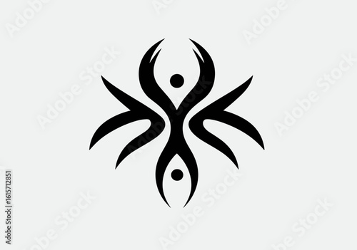 tattoo, Abstract black symmetrical design on white background with curves resembling flames or spirals emanating from a central 