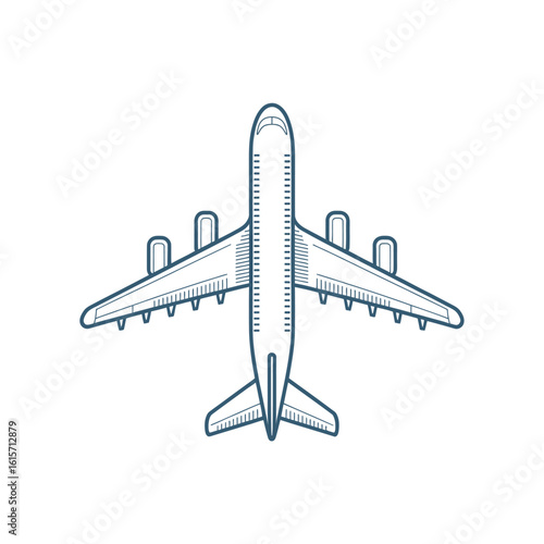 Simple blue line drawing of a wide-body jet airplane viewed from above aircraft aviation