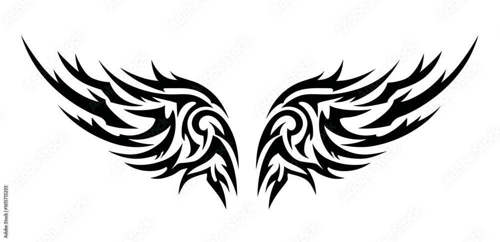 Obraz premium tattoo, Artistic depiction of symmetrical tribal style wings with intricate sharp line patterns,