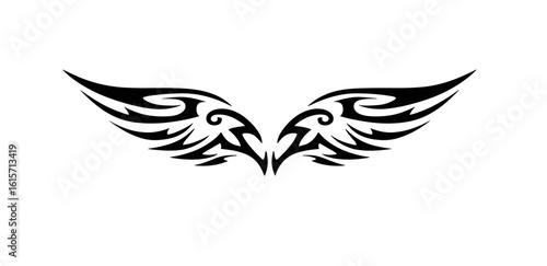 tattoo, Stylized black and white wings with intricate tribal patterns,