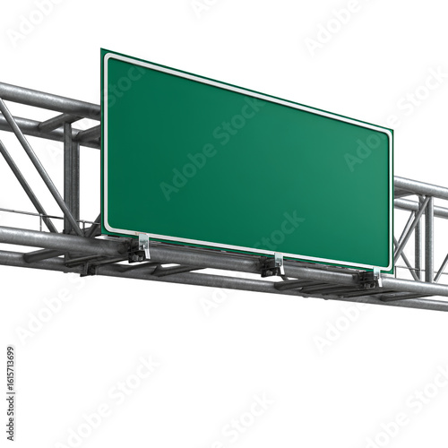 Angled View of Empty Green Road Sign with Overhead Support Structure, Realistic Style, Transparent Background png