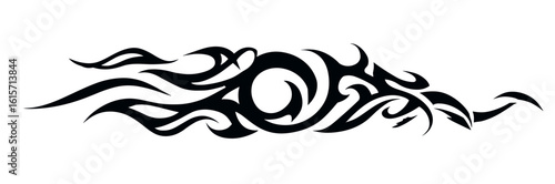 Black tribal tattoo design with flowing curves and sharp edges features three circular elements and wavy flame like patt