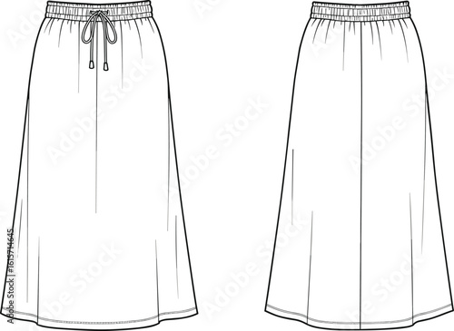 Technical flat sketch of women’s casual midi skirt, front and back view, dra